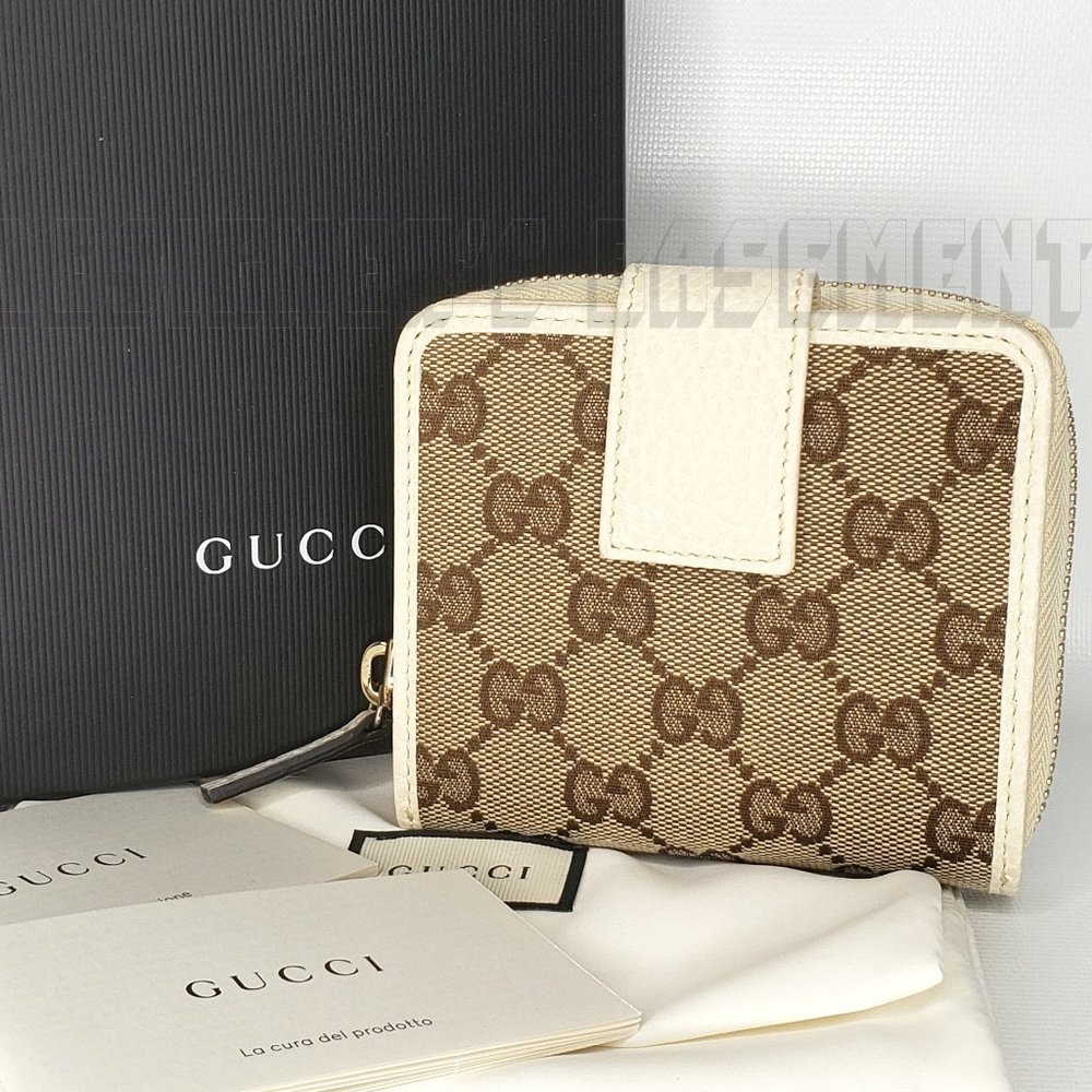 GUCCI Zip Around Original GG canvas with white leather trim French pouch Wallet